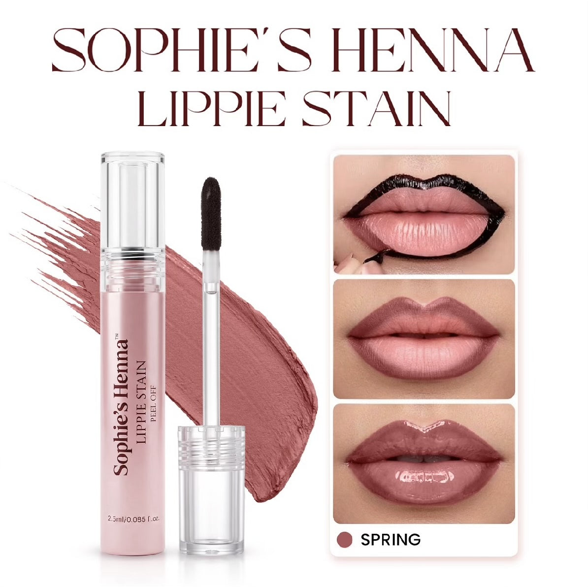 Sophie’s Henna Lippie Stain - Tattoo-Like, Waterproof, Transfer-Proof, No-Fade Peel Off Lip Stain