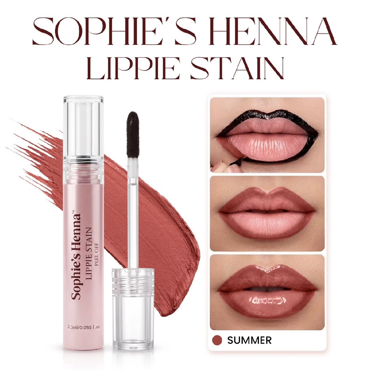 Sophie’s Henna Lippie Stain - Tattoo-Like, Waterproof, Transfer-Proof, No-Fade Peel Off Lip Stain